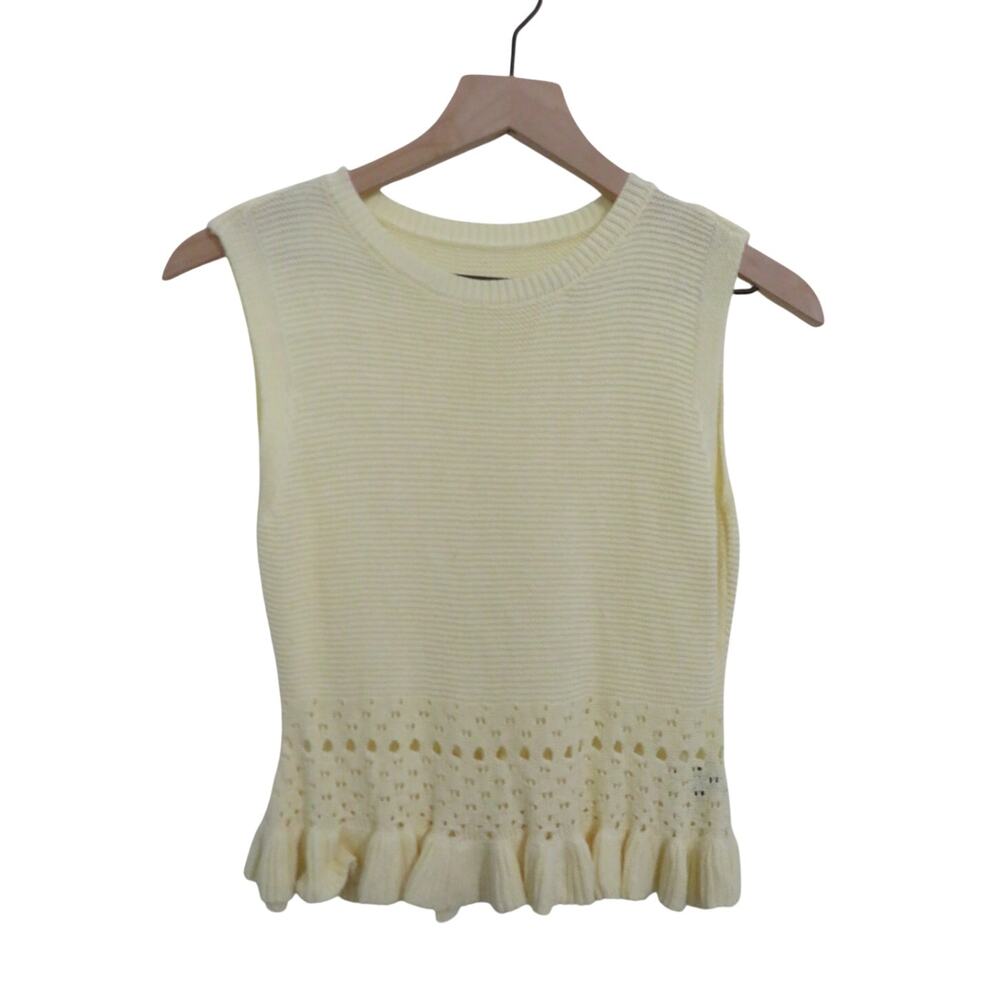 Womens Sz XL Butter Yellow Crochet Knit Sleeveless Ruffle Hem Top
